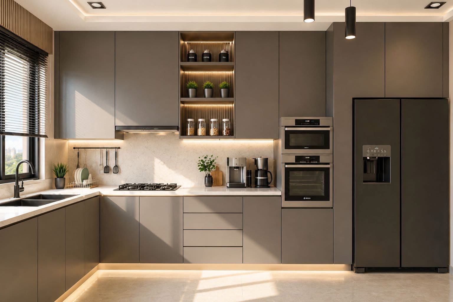 Charcoal kitchen with warm under-cabinet lighting
